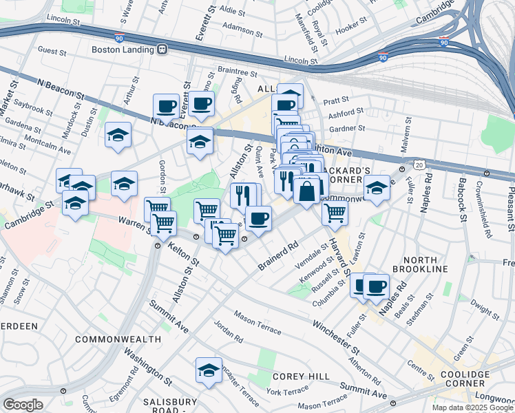 map of restaurants, bars, coffee shops, grocery stores, and more near 66 Glenville Avenue in Boston