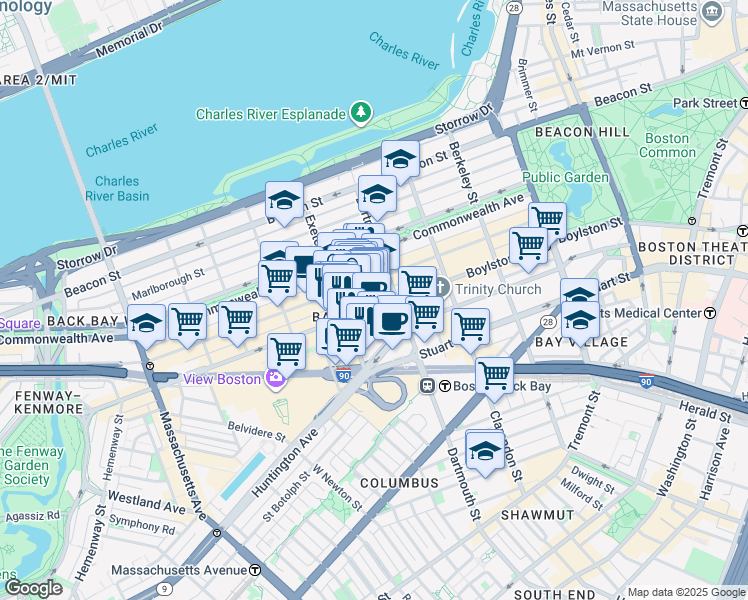 map of restaurants, bars, coffee shops, grocery stores, and more near 645 Boylston Street in Boston