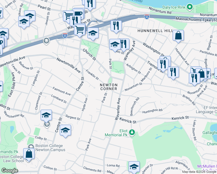 map of restaurants, bars, coffee shops, grocery stores, and more near in Newton