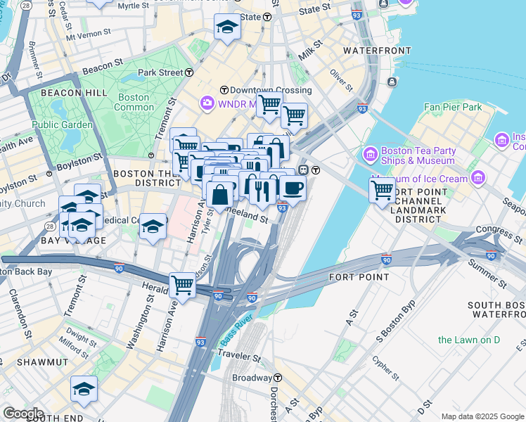 map of restaurants, bars, coffee shops, grocery stores, and more near 745 Atlantic Avenue in Boston