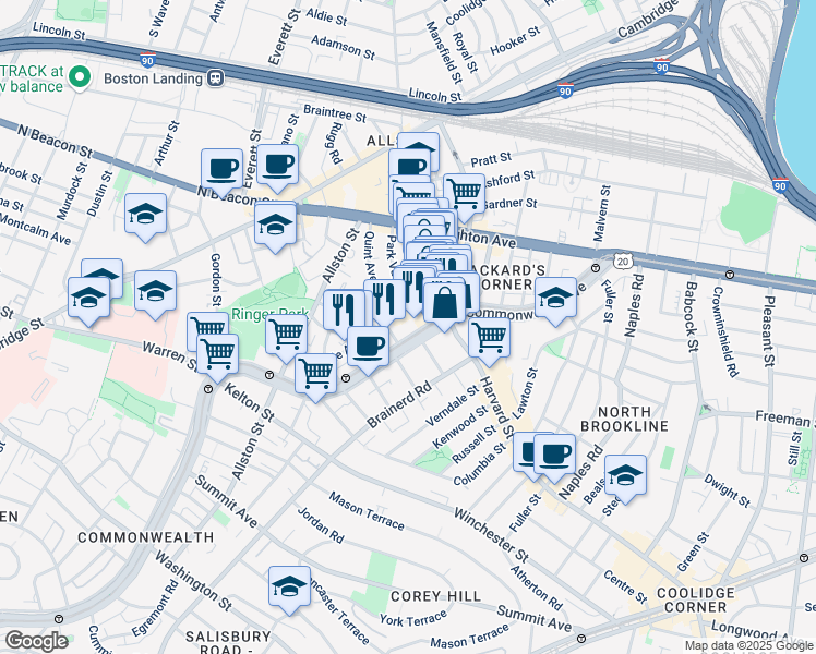 map of restaurants, bars, coffee shops, grocery stores, and more near 1277 Commonwealth Avenue in Boston