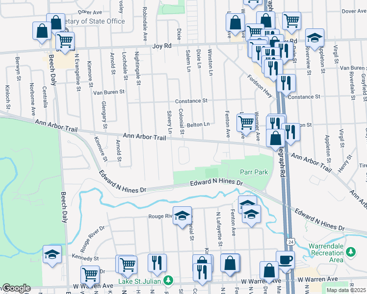 map of restaurants, bars, coffee shops, grocery stores, and more near Legacy Park Circle in Dearborn Heights