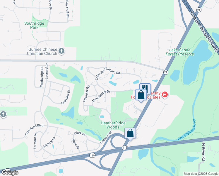 map of restaurants, bars, coffee shops, grocery stores, and more near Beth Court in Gurnee