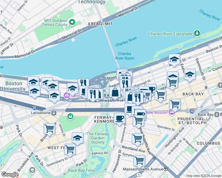 map of restaurants, bars, coffee shops, grocery stores, and more near 409 Commonwealth Avenue in Boston