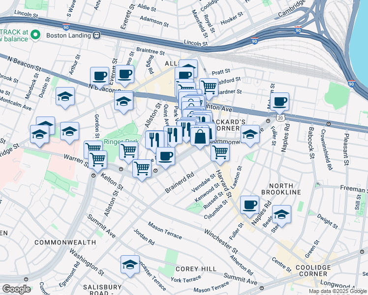 map of restaurants, bars, coffee shops, grocery stores, and more near 1277 Commonwealth Avenue in Boston
