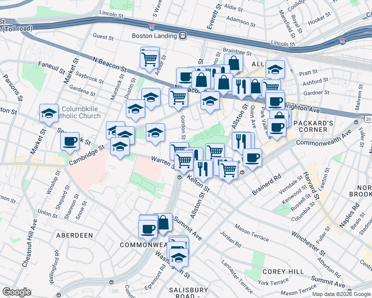 map of restaurants, bars, coffee shops, grocery stores, and more near 103 Gordon Street in Boston