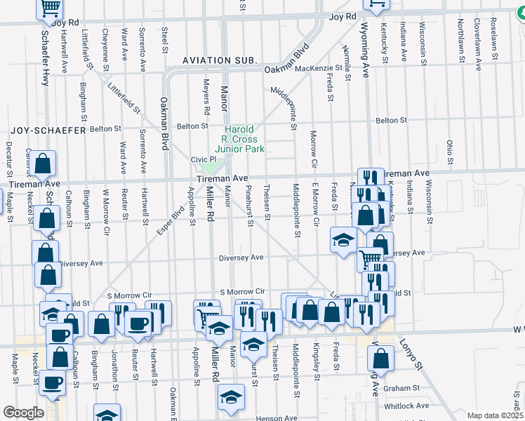 map of restaurants, bars, coffee shops, grocery stores, and more near 7745 Littlefield Boulevard in Dearborn