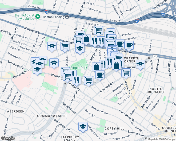 map of restaurants, bars, coffee shops, grocery stores, and more near 28 Long Avenue in Boston