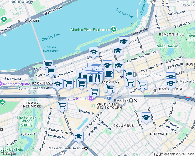 map of restaurants, bars, coffee shops, grocery stores, and more near 240 Newbury Street in Boston