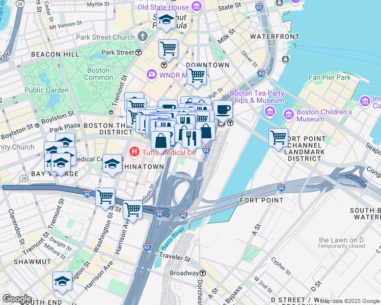 map of restaurants, bars, coffee shops, grocery stores, and more near 201 South Street in Boston