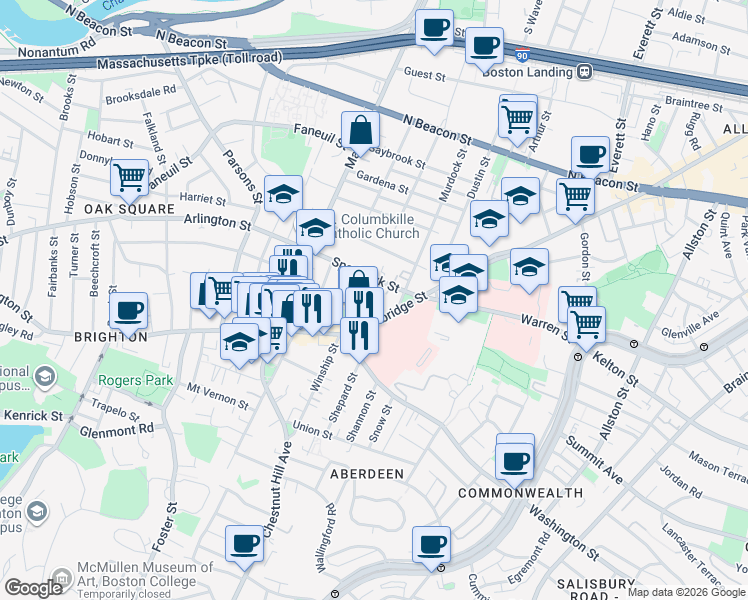 map of restaurants, bars, coffee shops, grocery stores, and more near 736 Cambridge Street in Boston