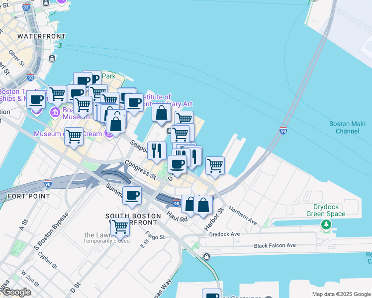 map of restaurants, bars, coffee shops, grocery stores, and more near 15 1/2 Fish Pier Street East in Boston
