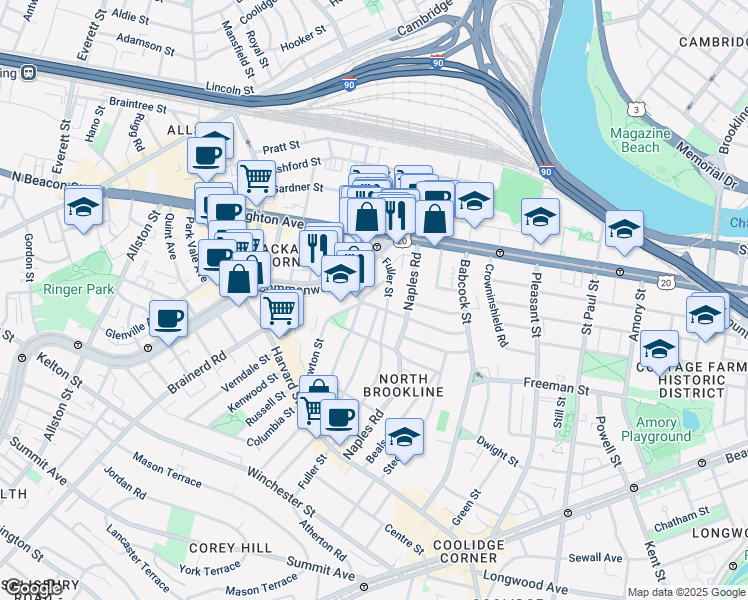 map of restaurants, bars, coffee shops, grocery stores, and more near 168 Coolidge Street in Brookline