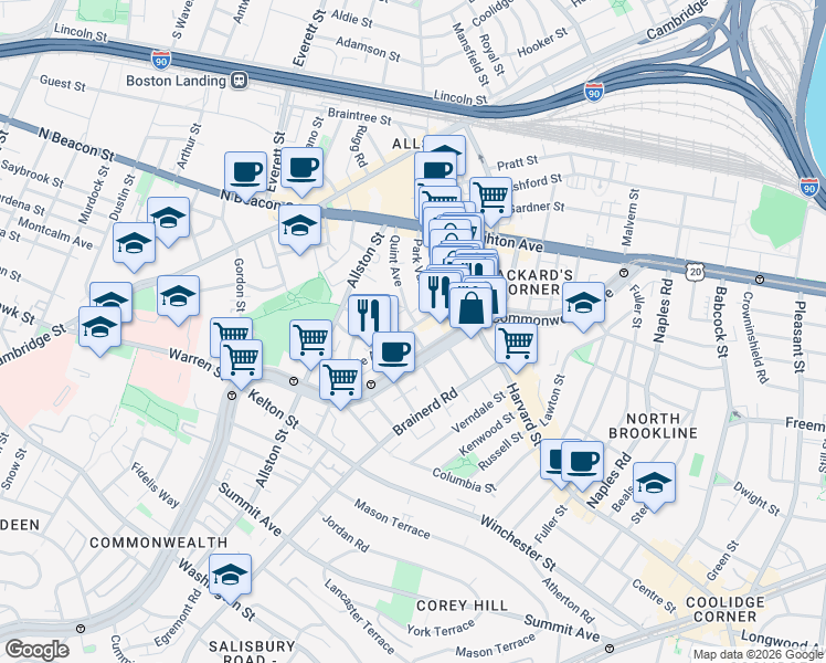 map of restaurants, bars, coffee shops, grocery stores, and more near 1277 Commonwealth Avenue in Boston