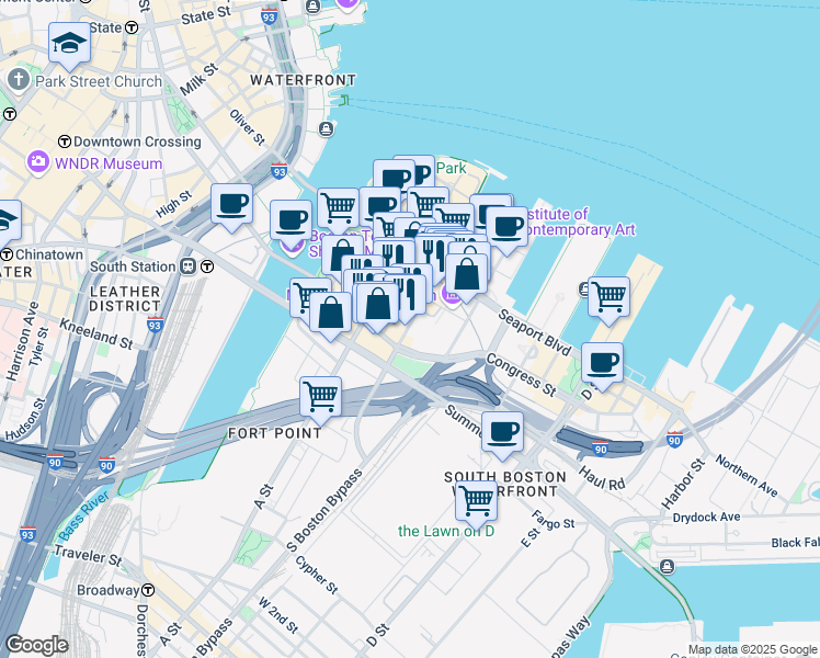 map of restaurants, bars, coffee shops, grocery stores, and more near 391 Congress Street in Boston