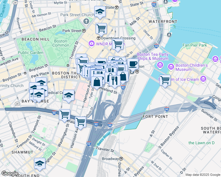 map of restaurants, bars, coffee shops, grocery stores, and more near 745 Atlantic Avenue in Boston