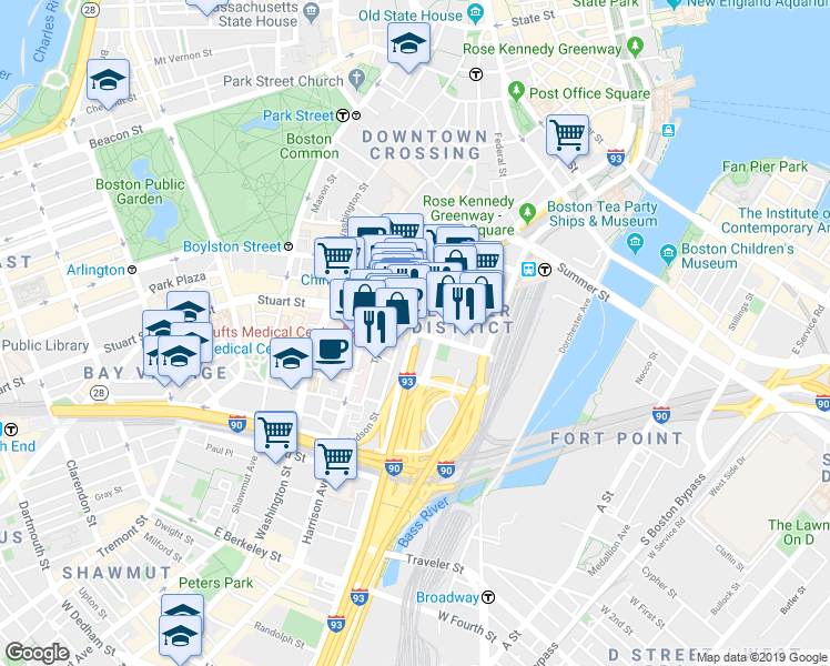 map of restaurants, bars, coffee shops, grocery stores, and more near 117 Kneeland Street in Boston