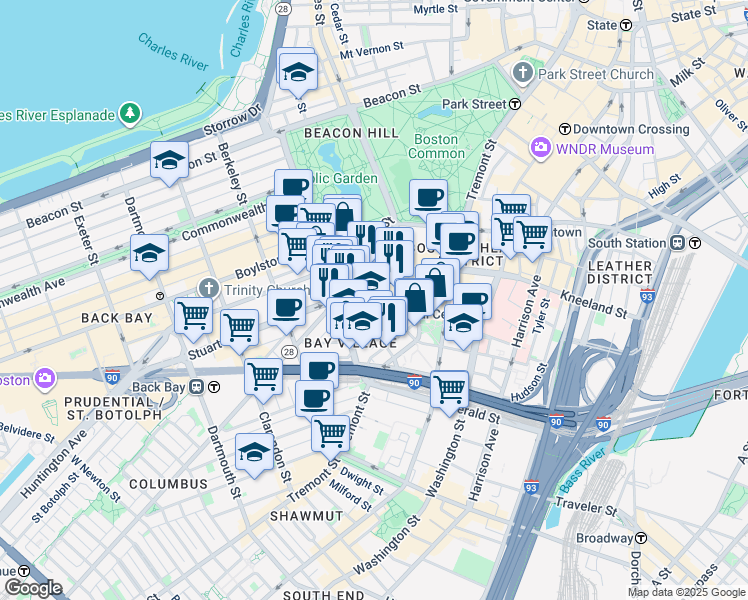 map of restaurants, bars, coffee shops, grocery stores, and more near 34-38 Winchester Street in Boston