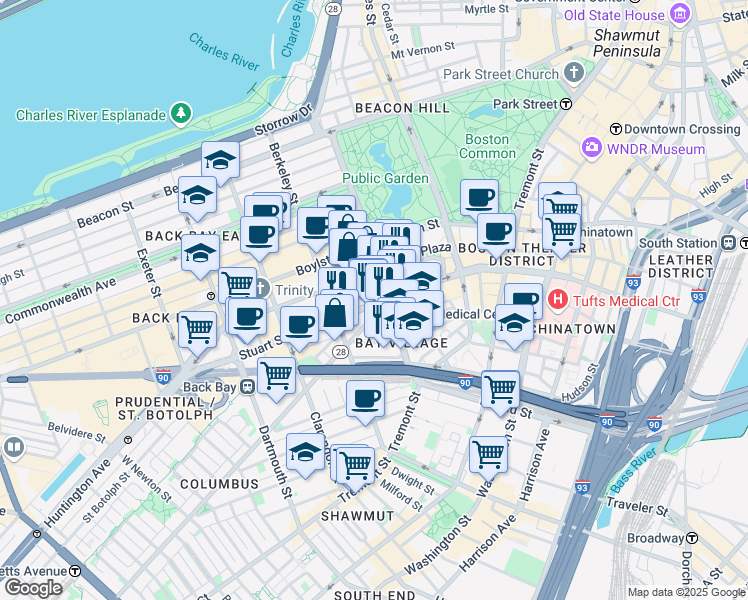 map of restaurants, bars, coffee shops, grocery stores, and more near in Boston