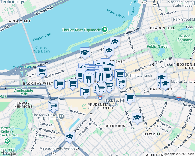 map of restaurants, bars, coffee shops, grocery stores, and more near 754 Boylston Street in Boston