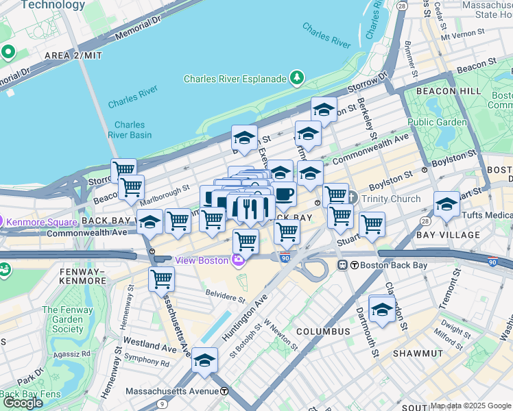 map of restaurants, bars, coffee shops, grocery stores, and more near 219 Newbury Street in Boston