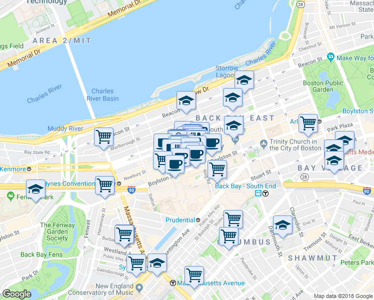 map of restaurants, bars, coffee shops, grocery stores, and more near 219 Newbury Street in Boston