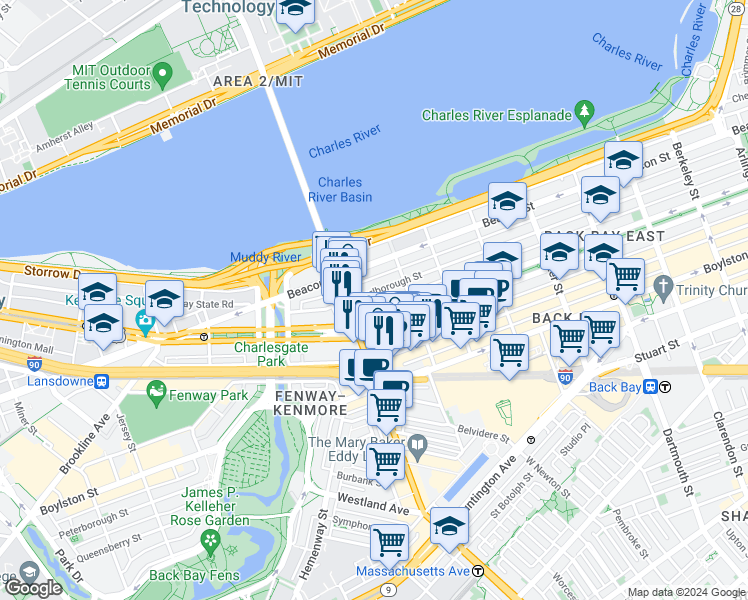 map of restaurants, bars, coffee shops, grocery stores, and more near 345 Commonwealth Avenue in Boston