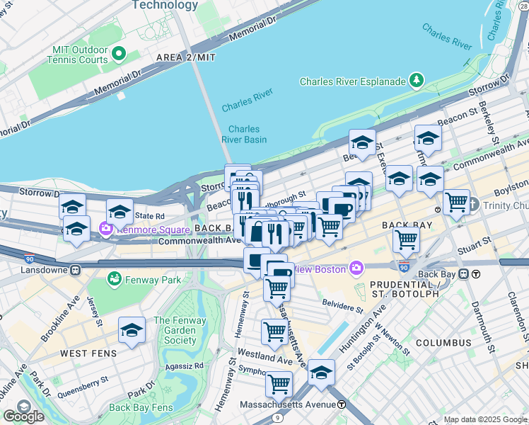 map of restaurants, bars, coffee shops, grocery stores, and more near 345 Commonwealth Avenue in Boston