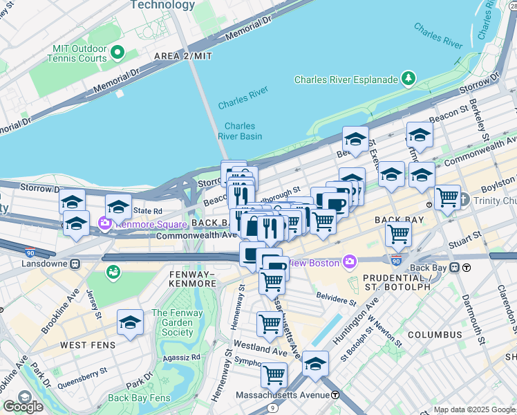 map of restaurants, bars, coffee shops, grocery stores, and more near 345 Commonwealth Avenue in Boston