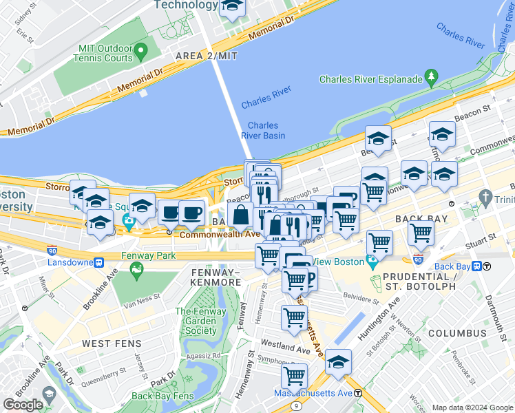 map of restaurants, bars, coffee shops, grocery stores, and more near 377 Commonwealth Avenue in Boston