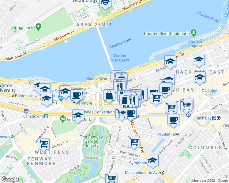 map of restaurants, bars, coffee shops, grocery stores, and more near 377 Commonwealth Avenue in Boston