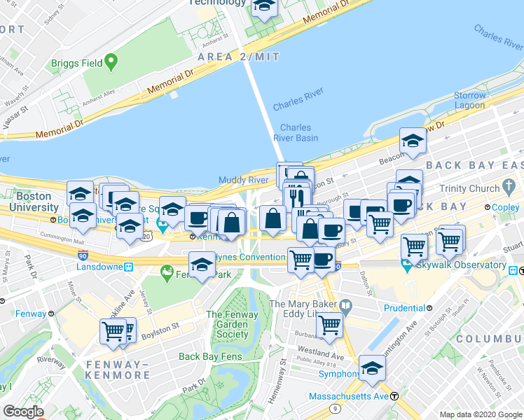 map of restaurants, bars, coffee shops, grocery stores, and more near 409 Commonwealth Avenue in Boston