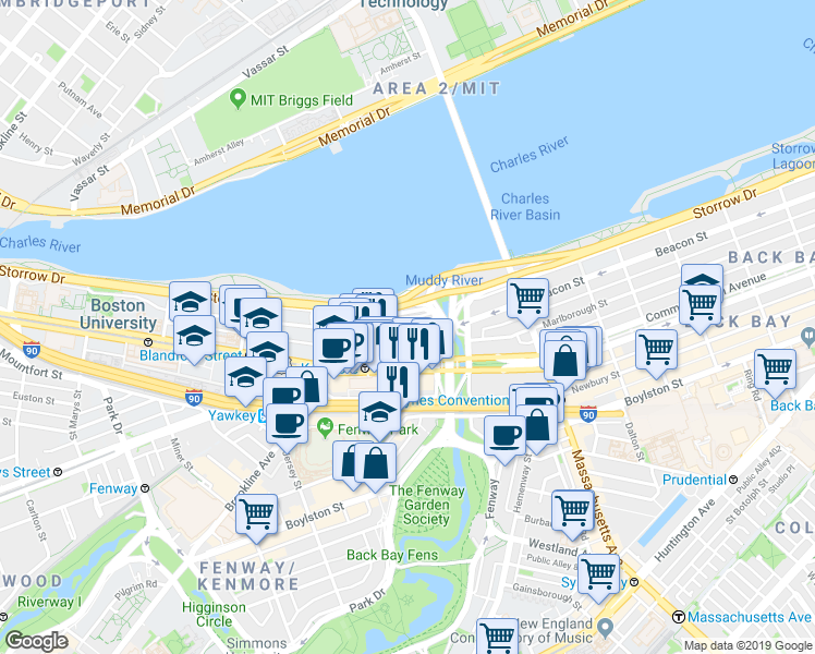 map of restaurants, bars, coffee shops, grocery stores, and more near 483 Commonwealth Avenue in Boston
