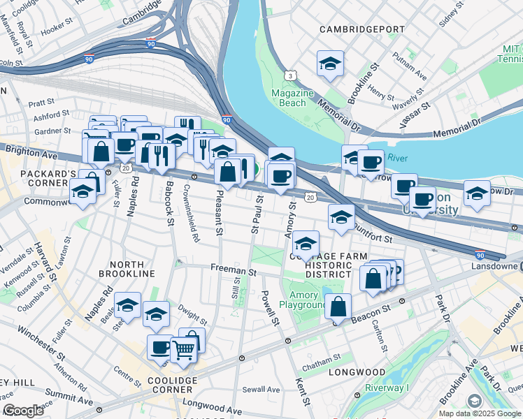 map of restaurants, bars, coffee shops, grocery stores, and more near 49 Egmont Street in Brookline