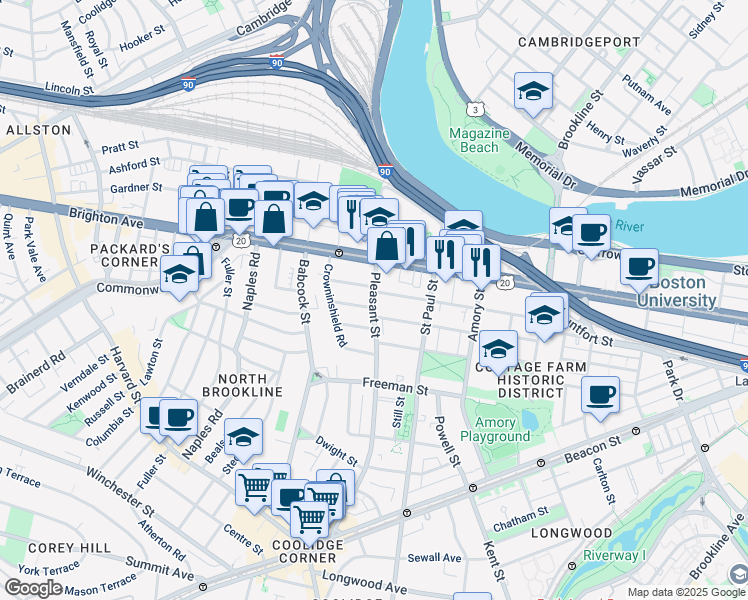 map of restaurants, bars, coffee shops, grocery stores, and more near 76 Egmont Street in Brookline