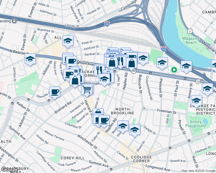 map of restaurants, bars, coffee shops, grocery stores, and more near 168 Coolidge Street in Brookline