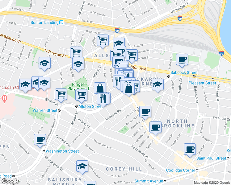 map of restaurants, bars, coffee shops, grocery stores, and more near 1277 Commonwealth Avenue in Boston