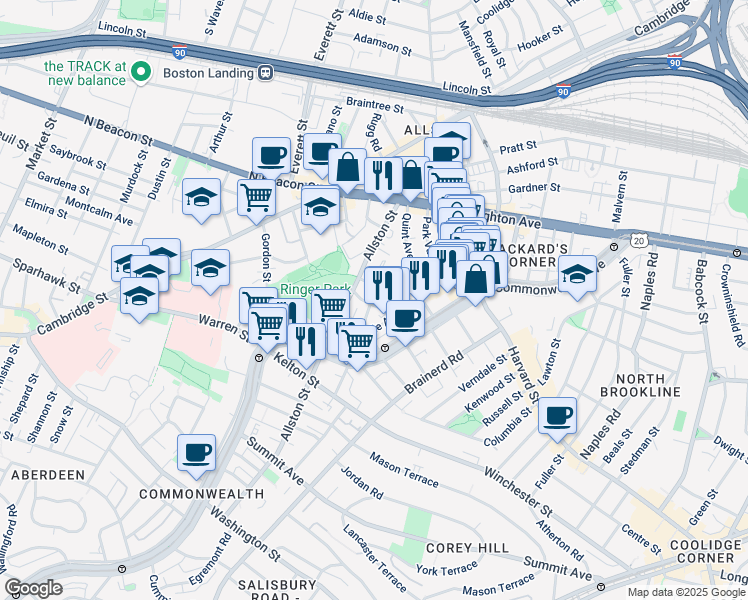 map of restaurants, bars, coffee shops, grocery stores, and more near 28 Long Avenue in Boston