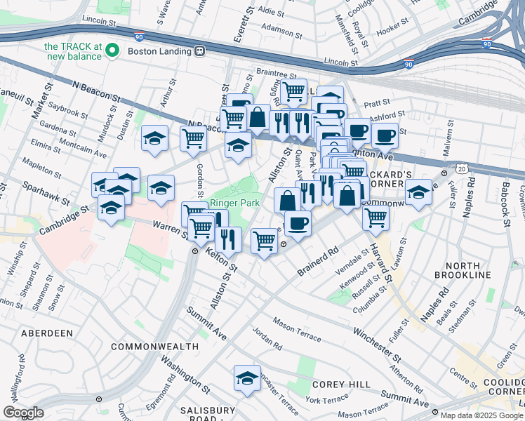 map of restaurants, bars, coffee shops, grocery stores, and more near 28 Long Avenue in Boston