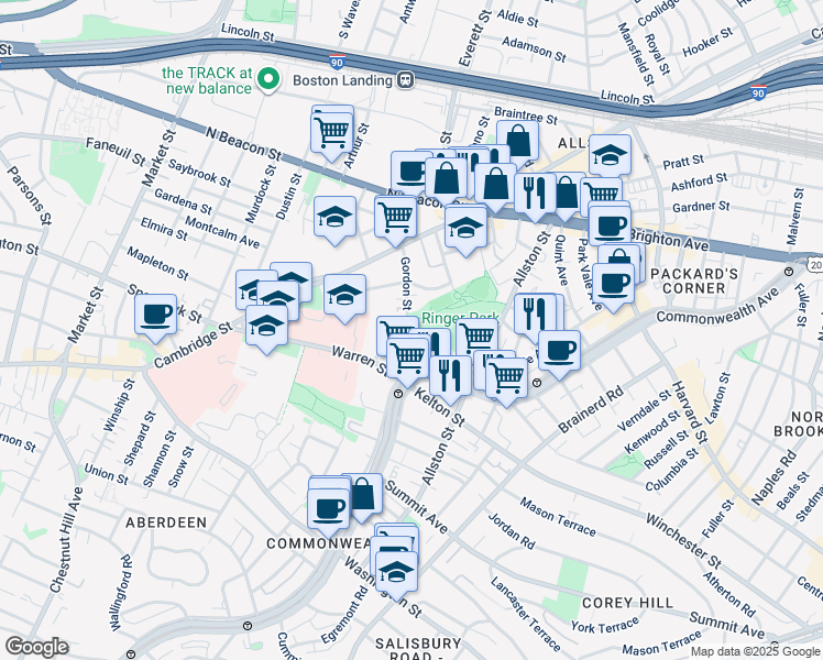 map of restaurants, bars, coffee shops, grocery stores, and more near 103 Gordon Street in Boston