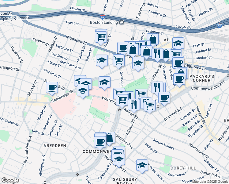 map of restaurants, bars, coffee shops, grocery stores, and more near 103 Gordon Street in Boston