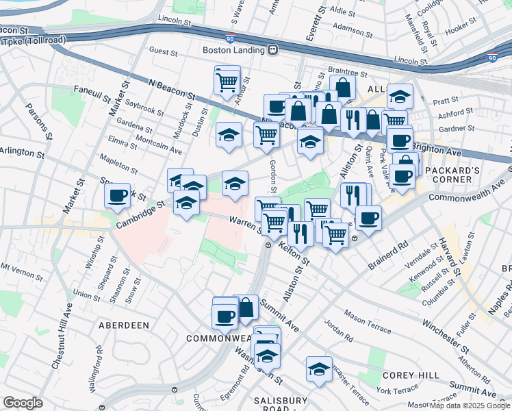 map of restaurants, bars, coffee shops, grocery stores, and more near 103 Gordon Street in Boston
