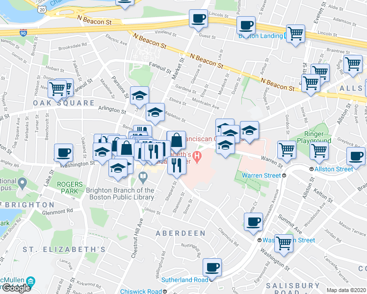 map of restaurants, bars, coffee shops, grocery stores, and more near 736 Cambridge Street in Boston
