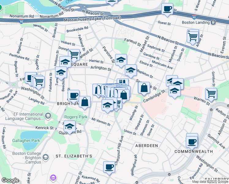map of restaurants, bars, coffee shops, grocery stores, and more near 385 Washington Street in Boston