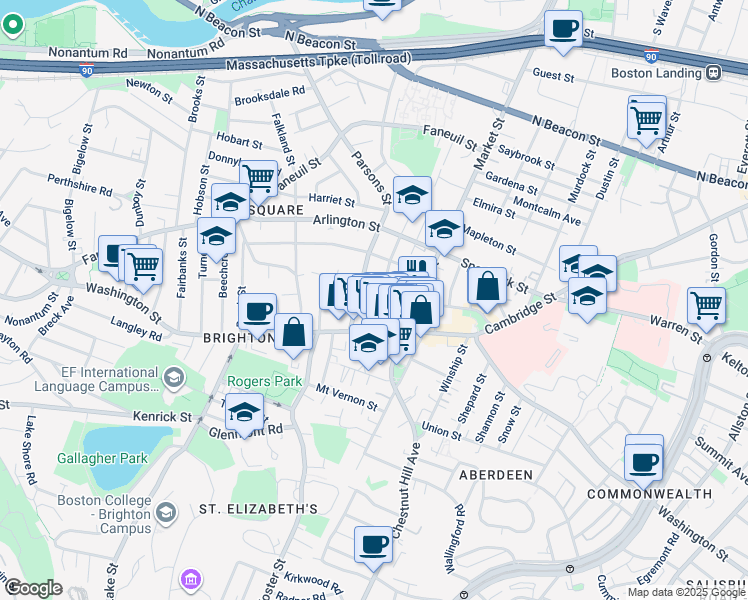 map of restaurants, bars, coffee shops, grocery stores, and more near 385 Washington Street in Boston