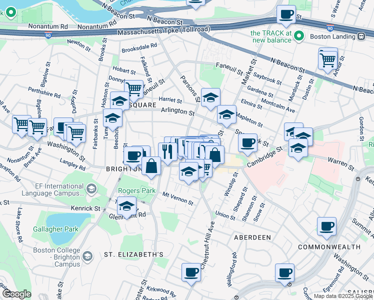 map of restaurants, bars, coffee shops, grocery stores, and more near 15 Parsons Street in Boston