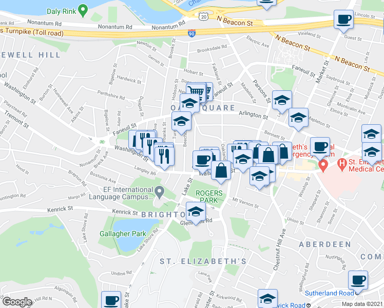 map of restaurants, bars, coffee shops, grocery stores, and more near in Boston