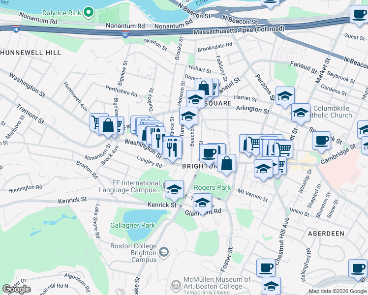 map of restaurants, bars, coffee shops, grocery stores, and more near 10 Beechcroft Street in Boston