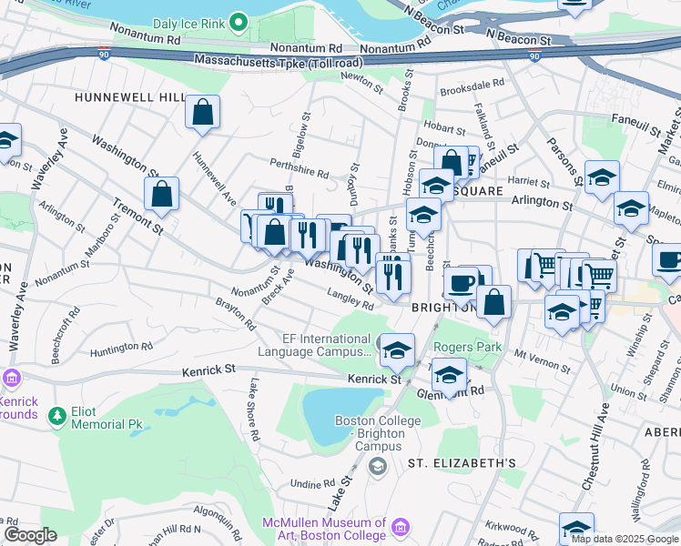 map of restaurants, bars, coffee shops, grocery stores, and more near 50 Langley Road in Boston