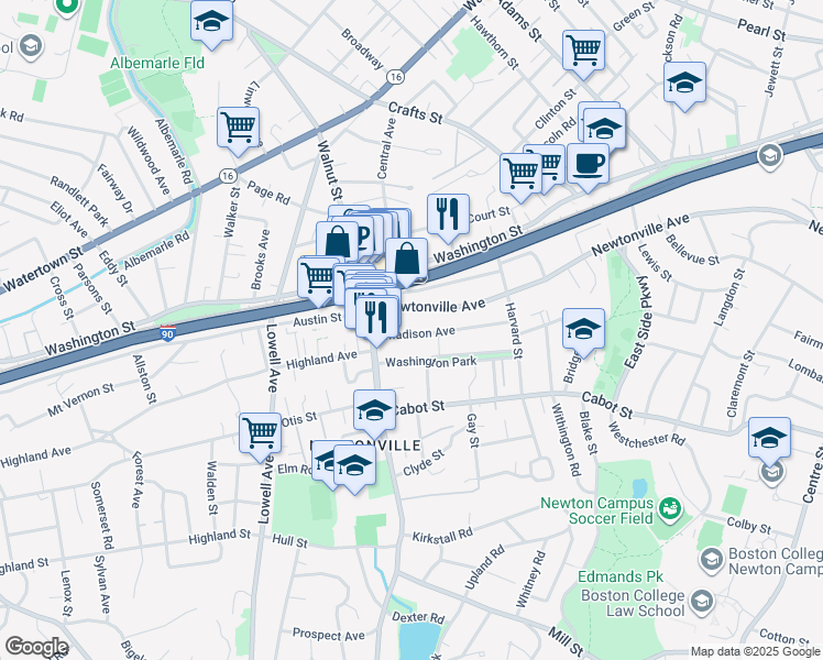 map of restaurants, bars, coffee shops, grocery stores, and more near 79 Washington Park in Newton